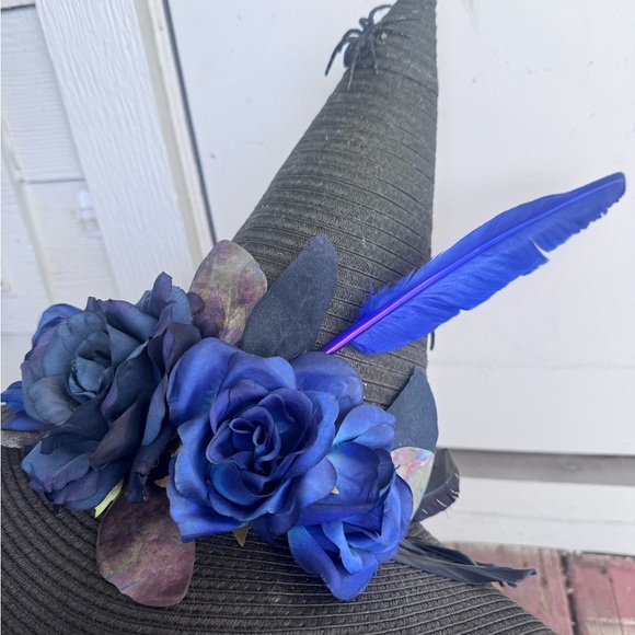 Custom Handmade Black Witch Hat with Blue Floral & Feather Trim main image 9